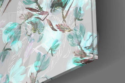 Teal Watercolor Magnolia Pattern Glass Wall Art