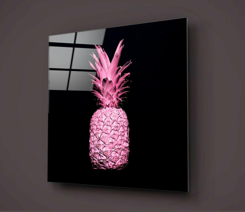 Bright Pink Pineapple On Black Glass Wall Art