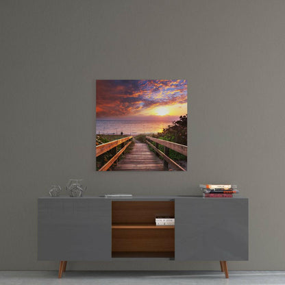 Wooden Boardwalk Fiery Sunset Sea Landscape Glass Wall Art