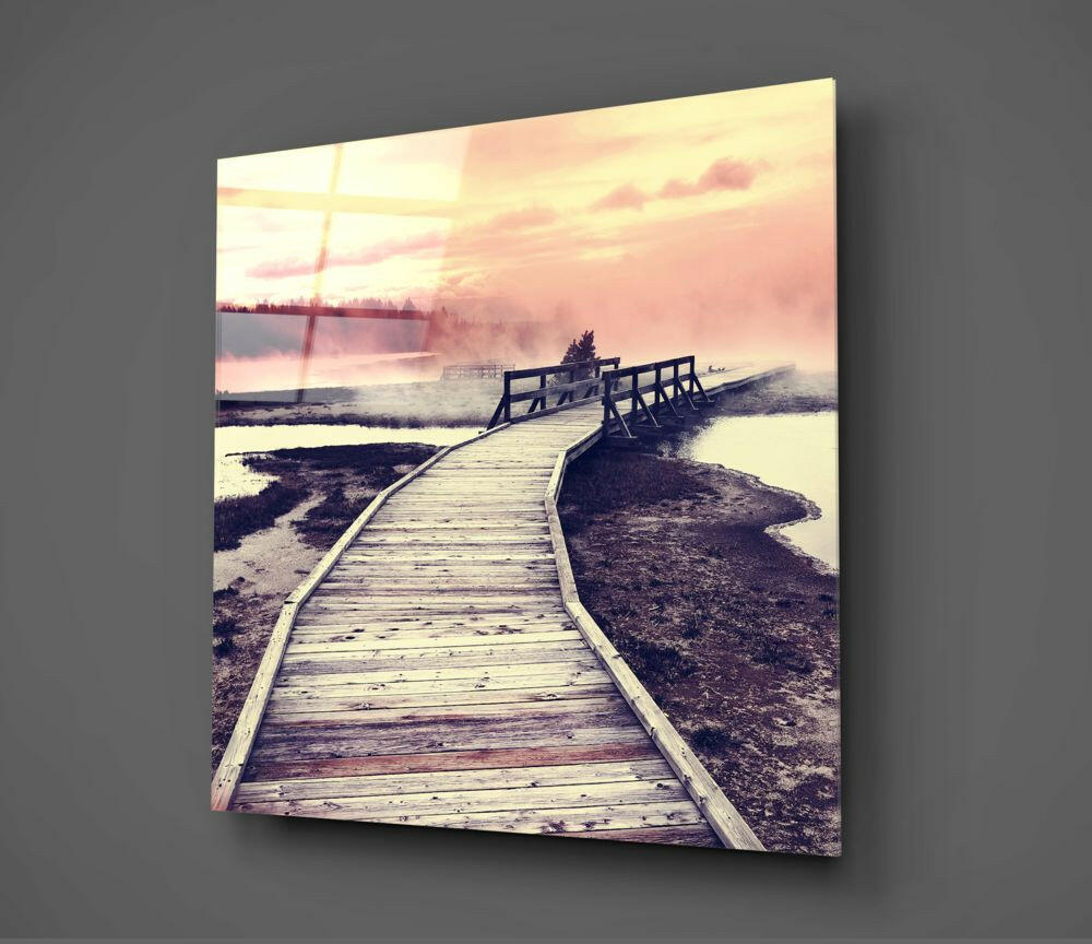 Pink Sunrise Wooden Boardwalk Glass Wall Art