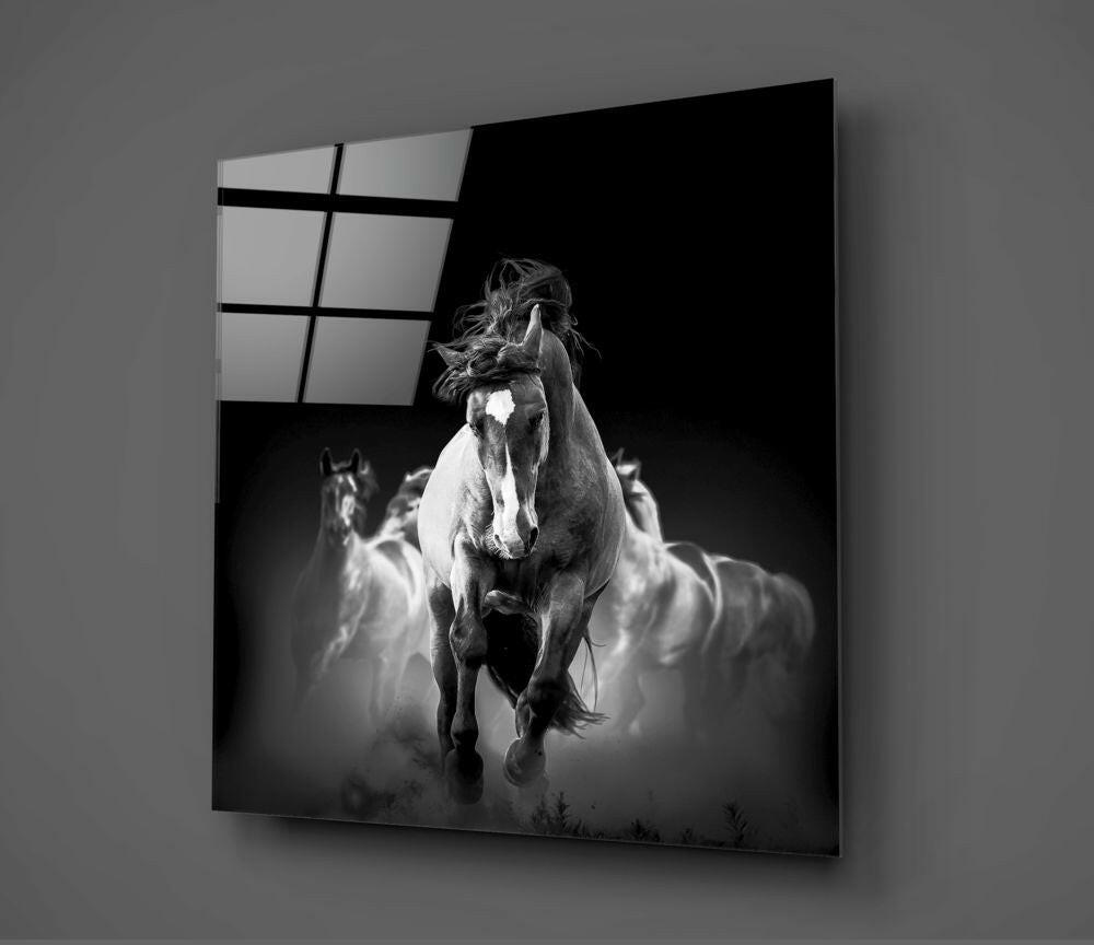 Galloping White Horse Herd Glass Wall Art