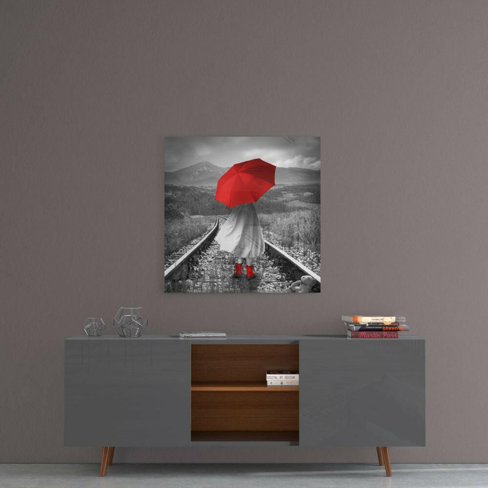 Red Umbrella Girl Railway Teddy Glass Wall Art