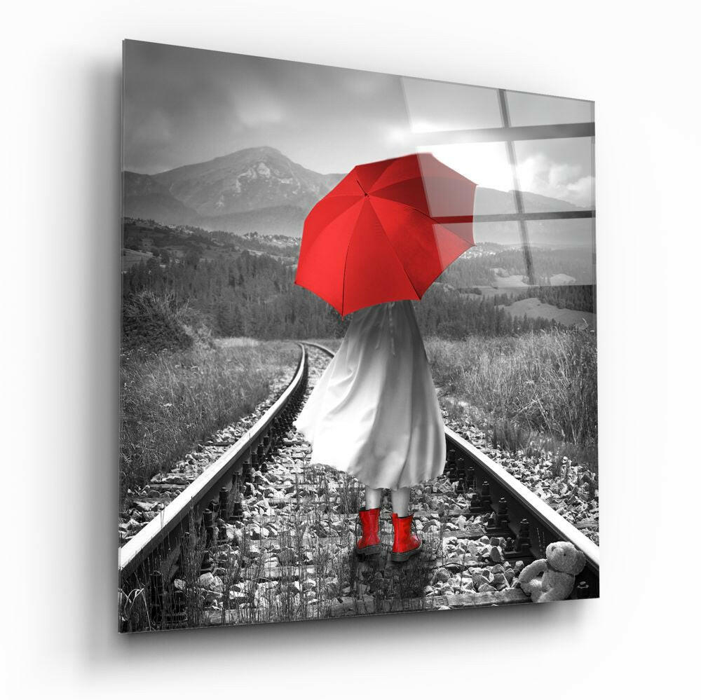 Red Umbrella Girl Railway Teddy Glass Wall Art