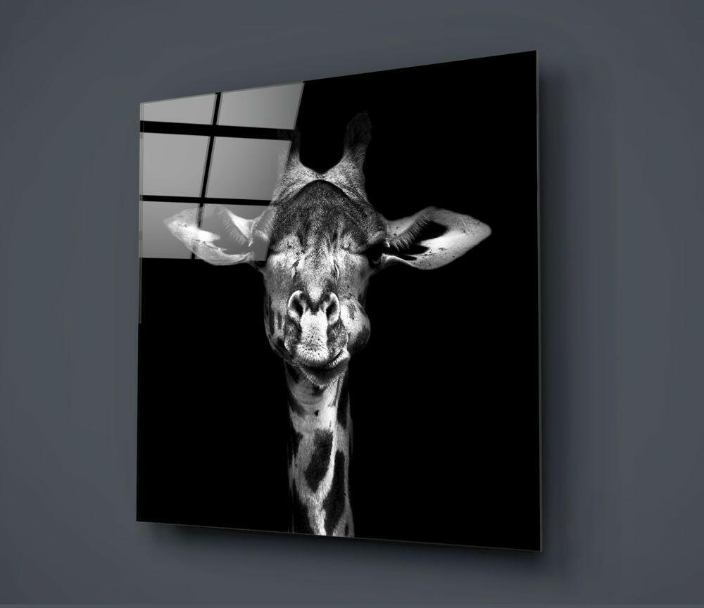 Black and White Giraffe Portrait Glass Wall Art