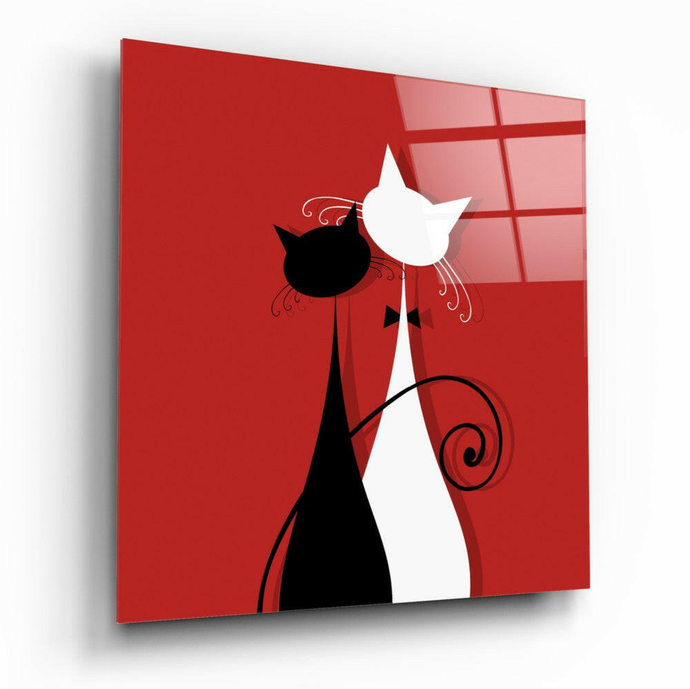 Black And White Pair On Red Cats Glass Wall Art