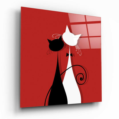 Black And White Pair On Red Cats Glass Wall Art