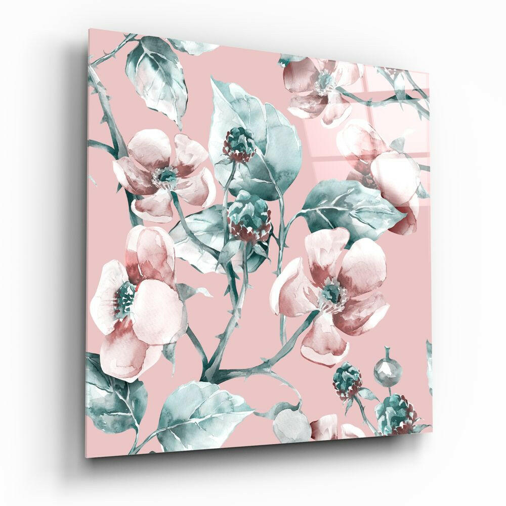 Pink Teal Wild Rose Glass Wall Art