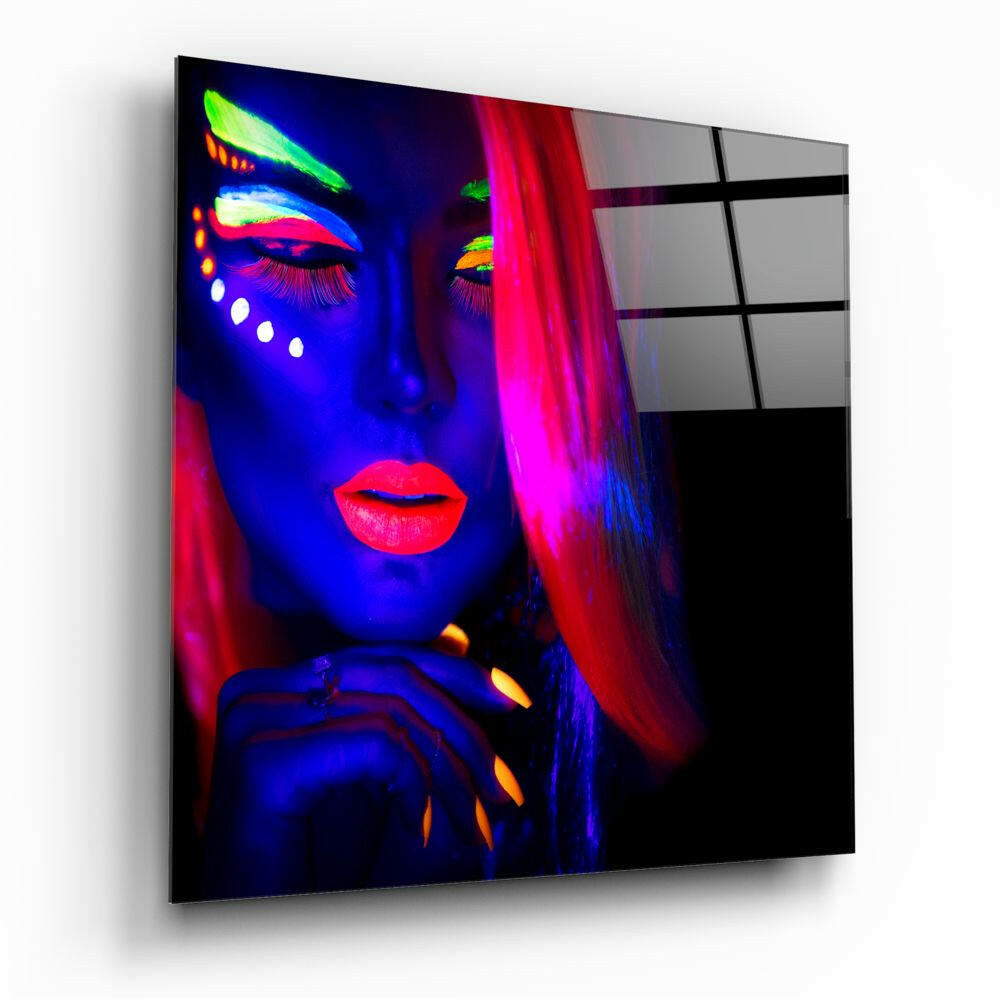 Neon Makeup Pink Hair Woman Glass Wall Art