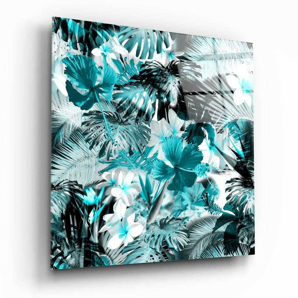 Turquoise Hibiscus Jungle Tropical Leaves Glass Wall Art