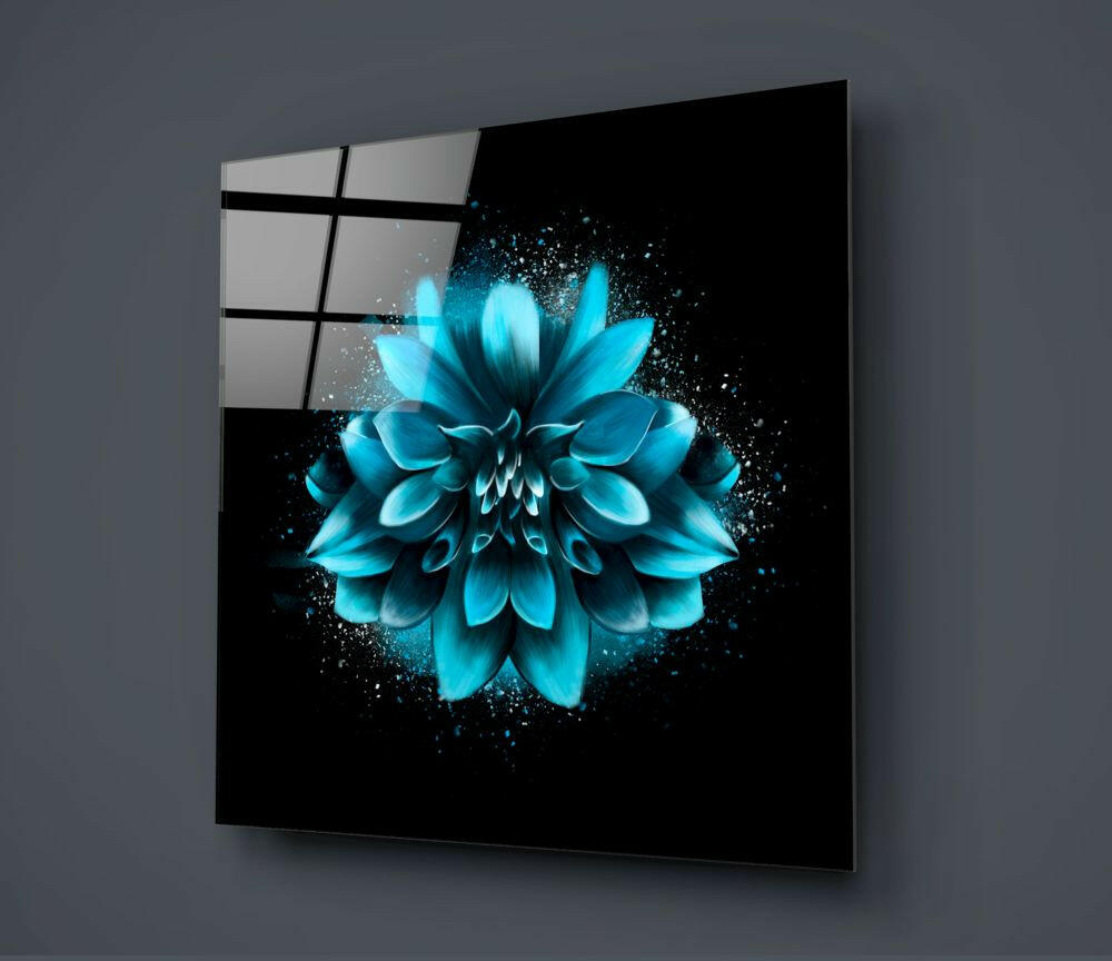 Turquoise Dahlia Burst on Black Glass Wall Art