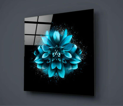 Turquoise Dahlia Burst on Black Glass Wall Art
