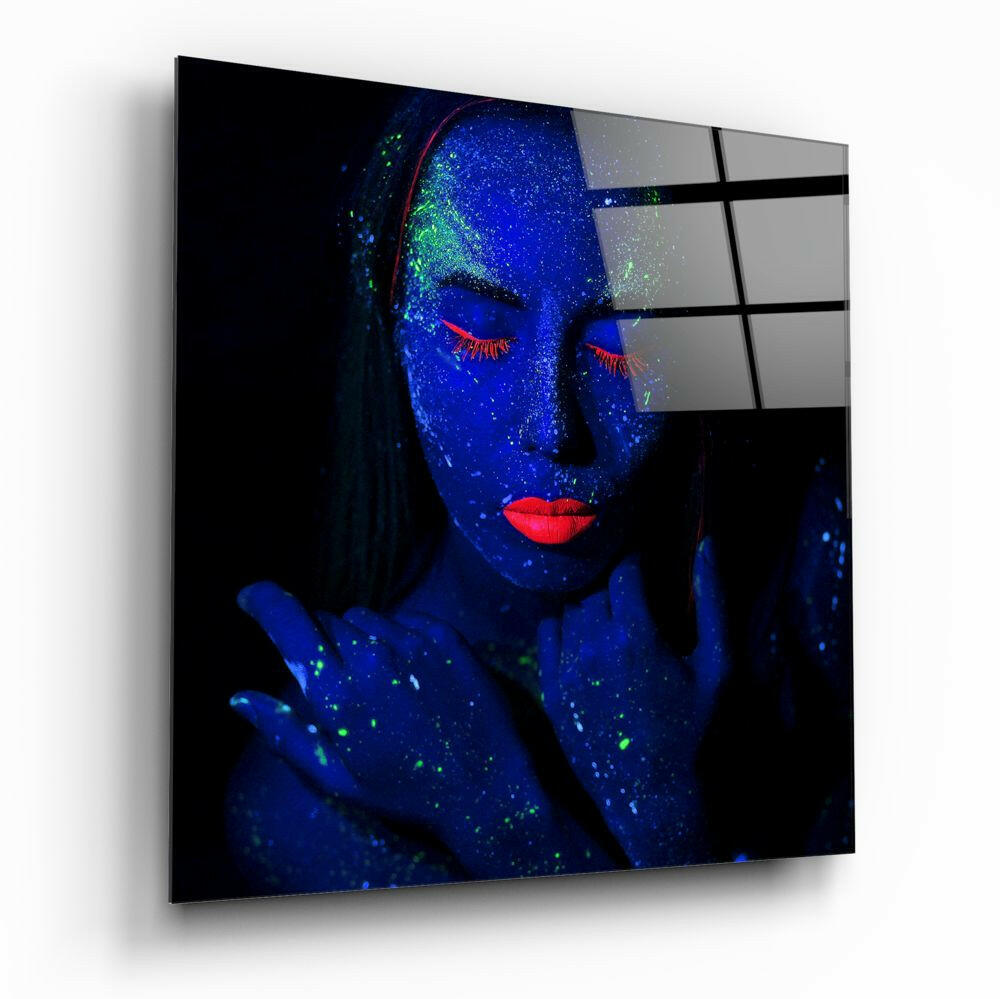 Blue UV Body Paint Woman Glass Wall Art