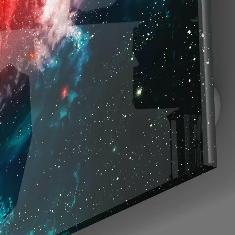 Red Spiral Galaxy Teal Nebula Glass Wall Art