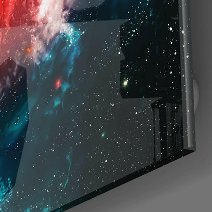 Red Spiral Galaxy Teal Nebula Glass Wall Art