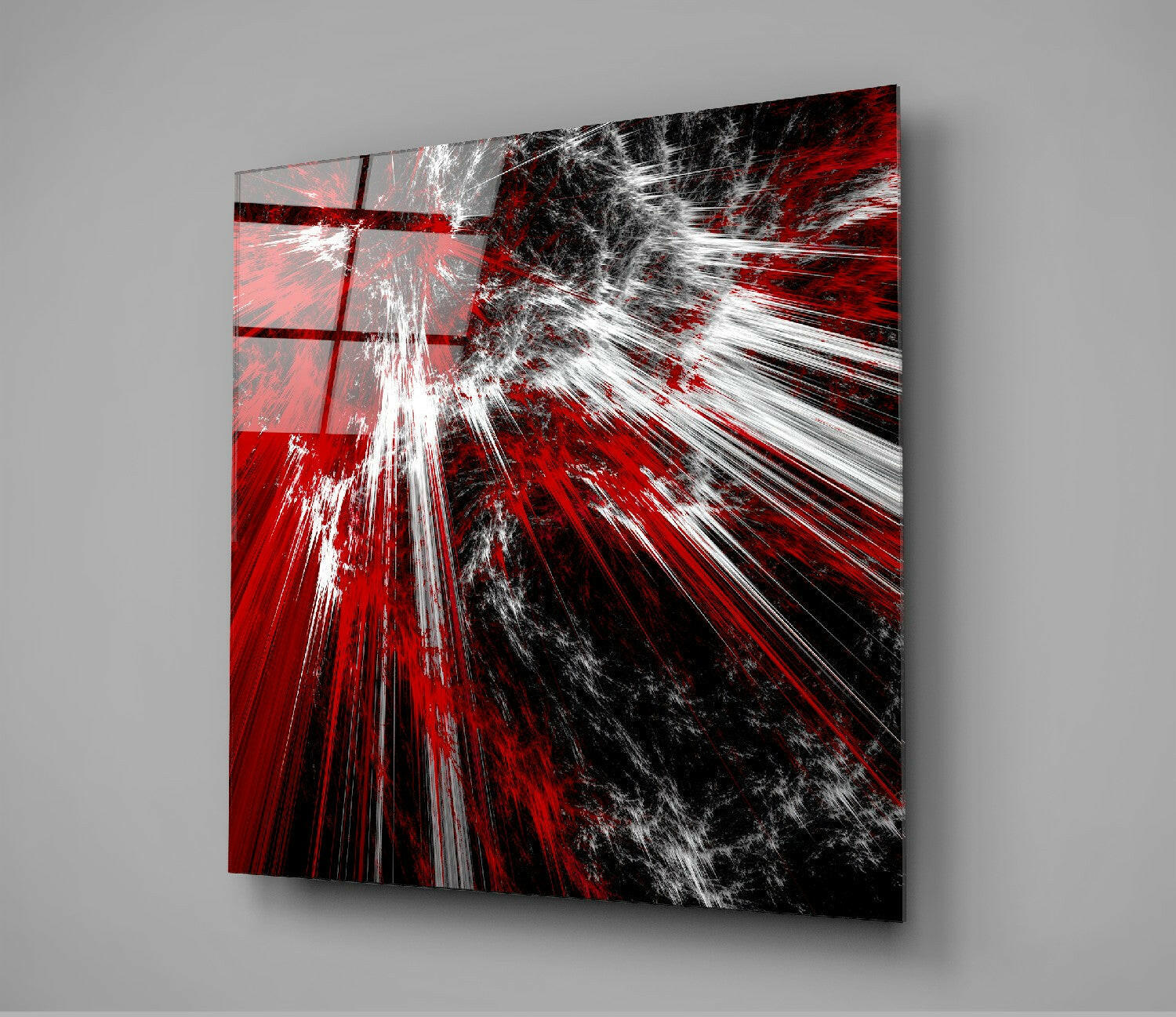 Red White Fractal Burst Glass Wall Art