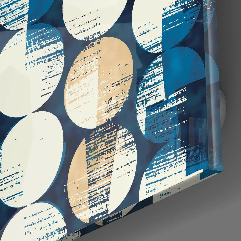 Navy Cream Circles Grid Pattern Glass Wall Art
