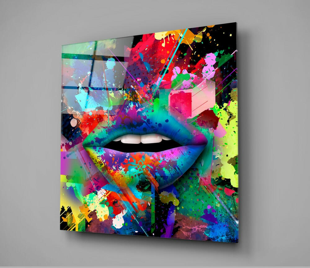 Paint Splatter Rainbow Lips Glass Wall Art