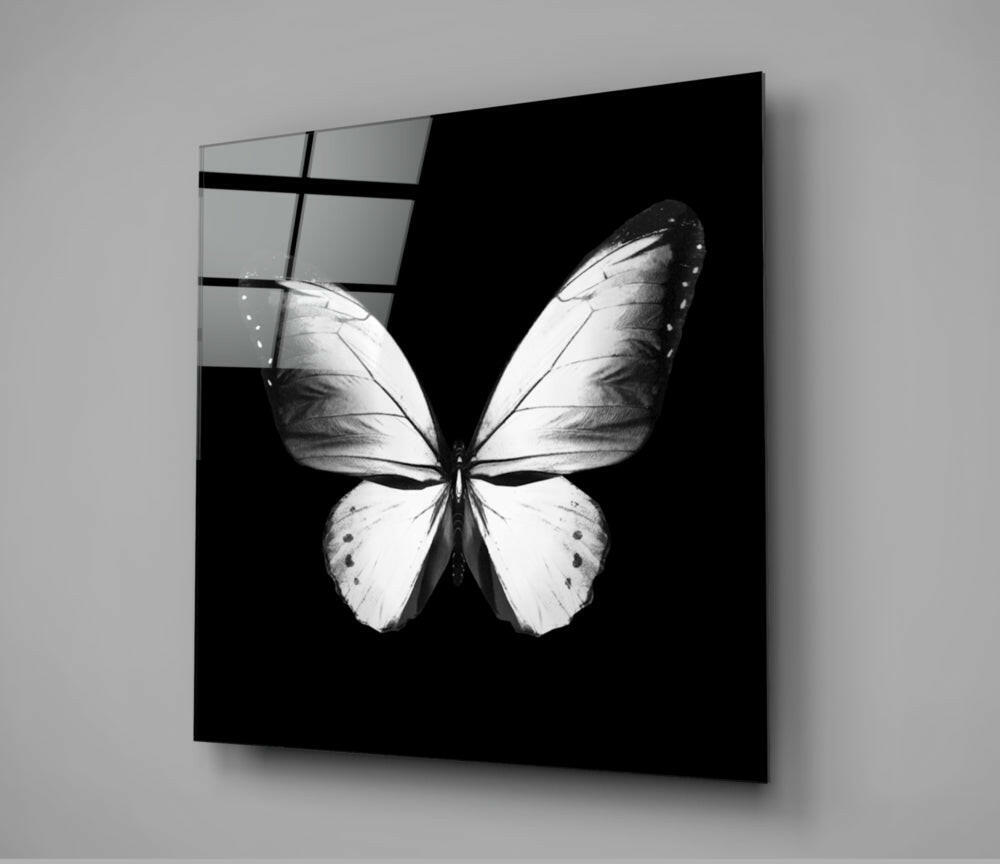 White Wings On Black Butterfly Glass Wall Art