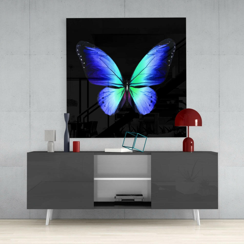 Cobalt Blue And Green Wings Butterfly Glass Wall Art