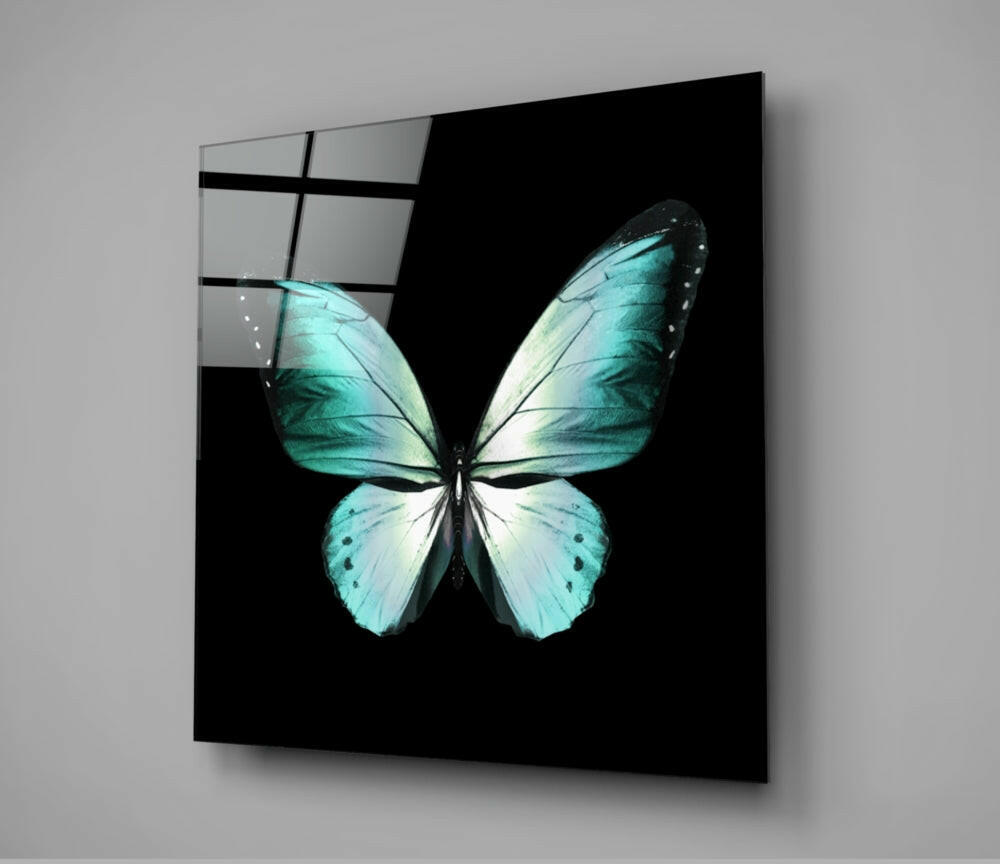 Turquoise Wings On Black Butterfly Glass Wall Art