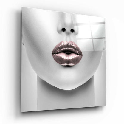 Rose Gold Metallic Lips Glass Wall Art