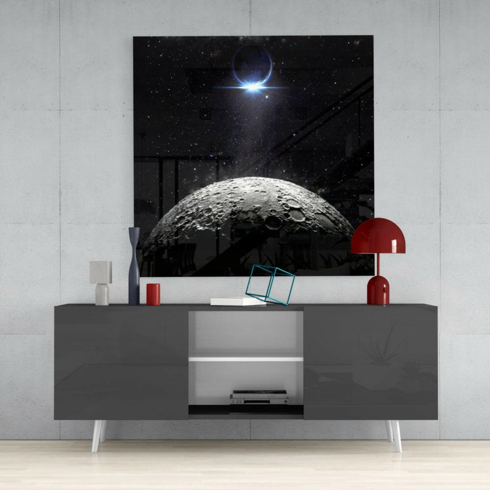 Cratered Moon And Blue Eclipse Glass Wall Art