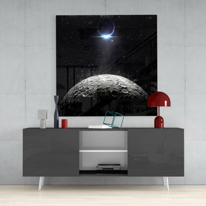 Cratered Moon And Blue Eclipse Glass Wall Art