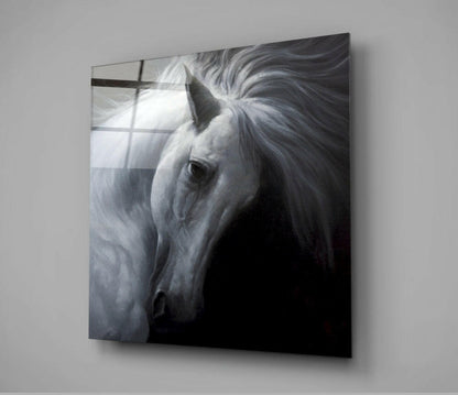 Windswept White Horse Glass Wall Art