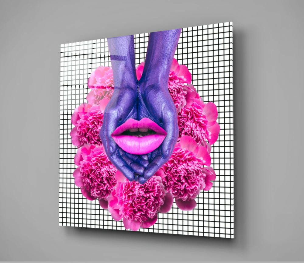 Purple Hands Pink Lips Carnations Glass Wall Art
