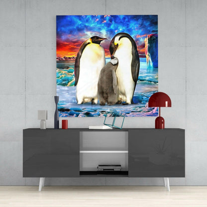 Penguin Family Sunset Ice Glass Wall Art