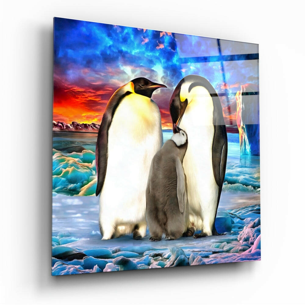Penguin Family Sunset Ice Glass Wall Art