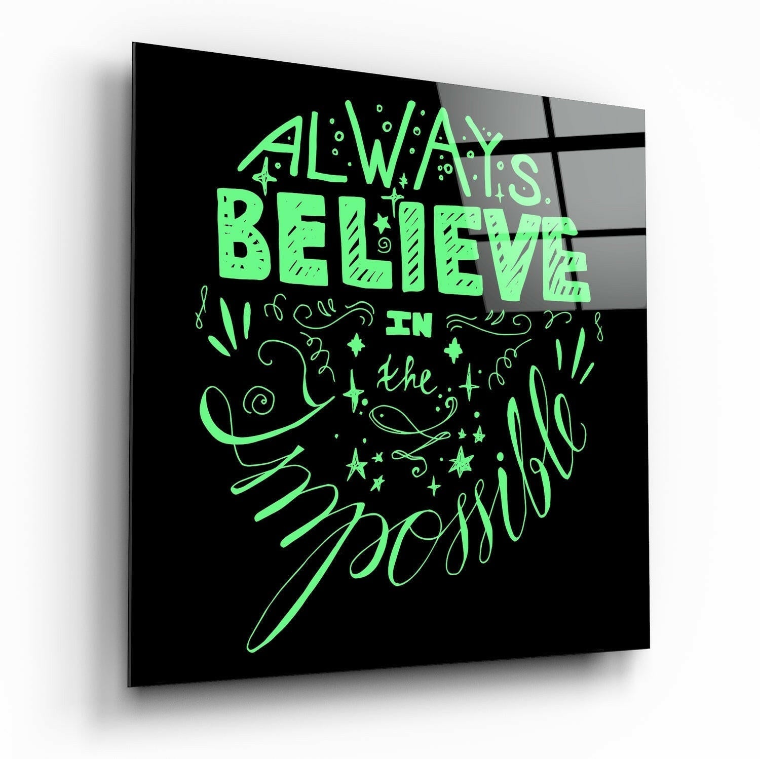 Always Believe Impossible Green Script Glass Wall Art