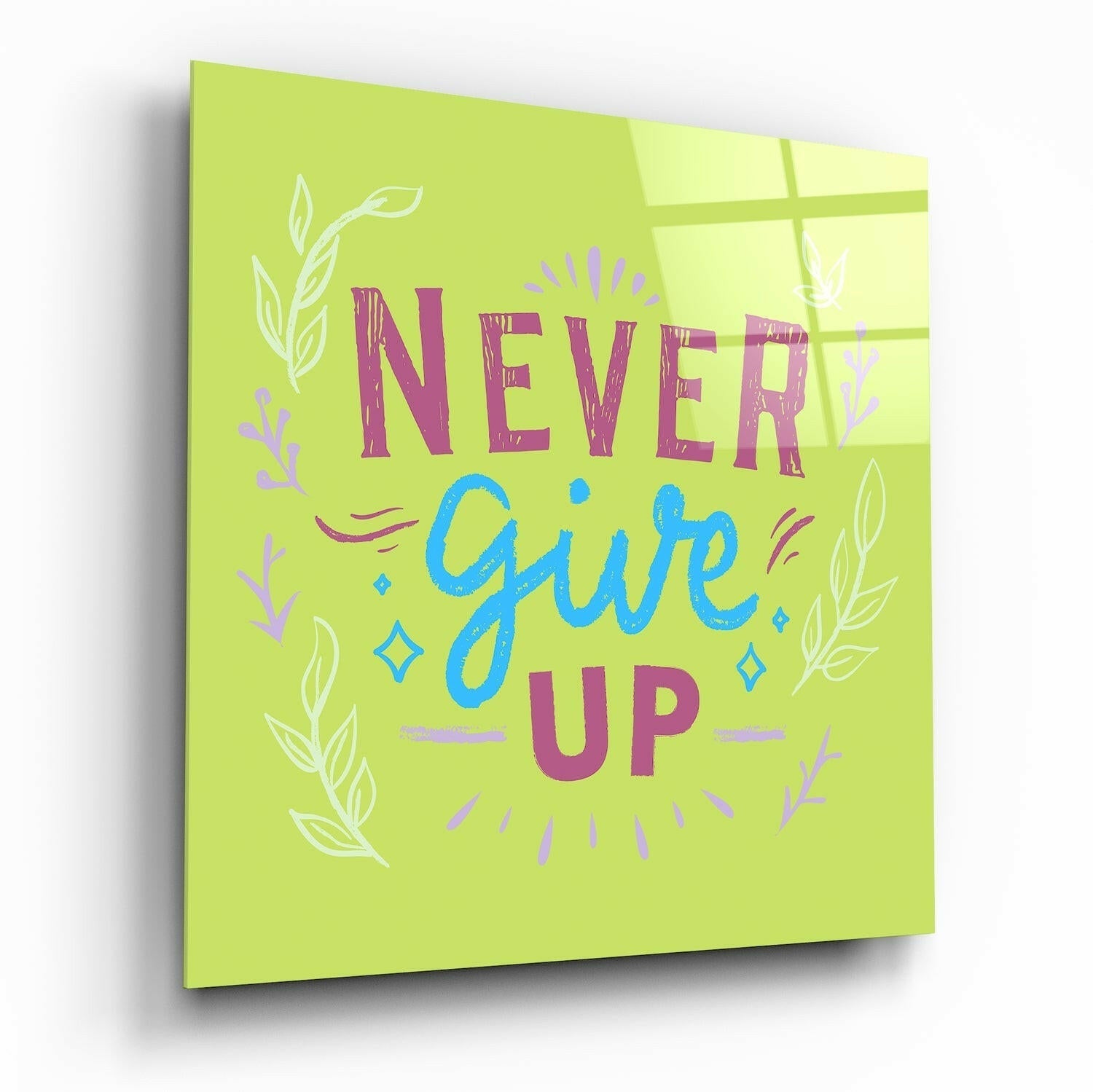 Never Give Up Lime Green Leaves Glass Wall Art