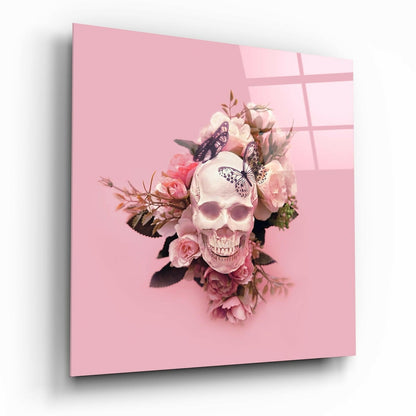 Pink Roses Skull Blush Backdrop Glass Wall Art