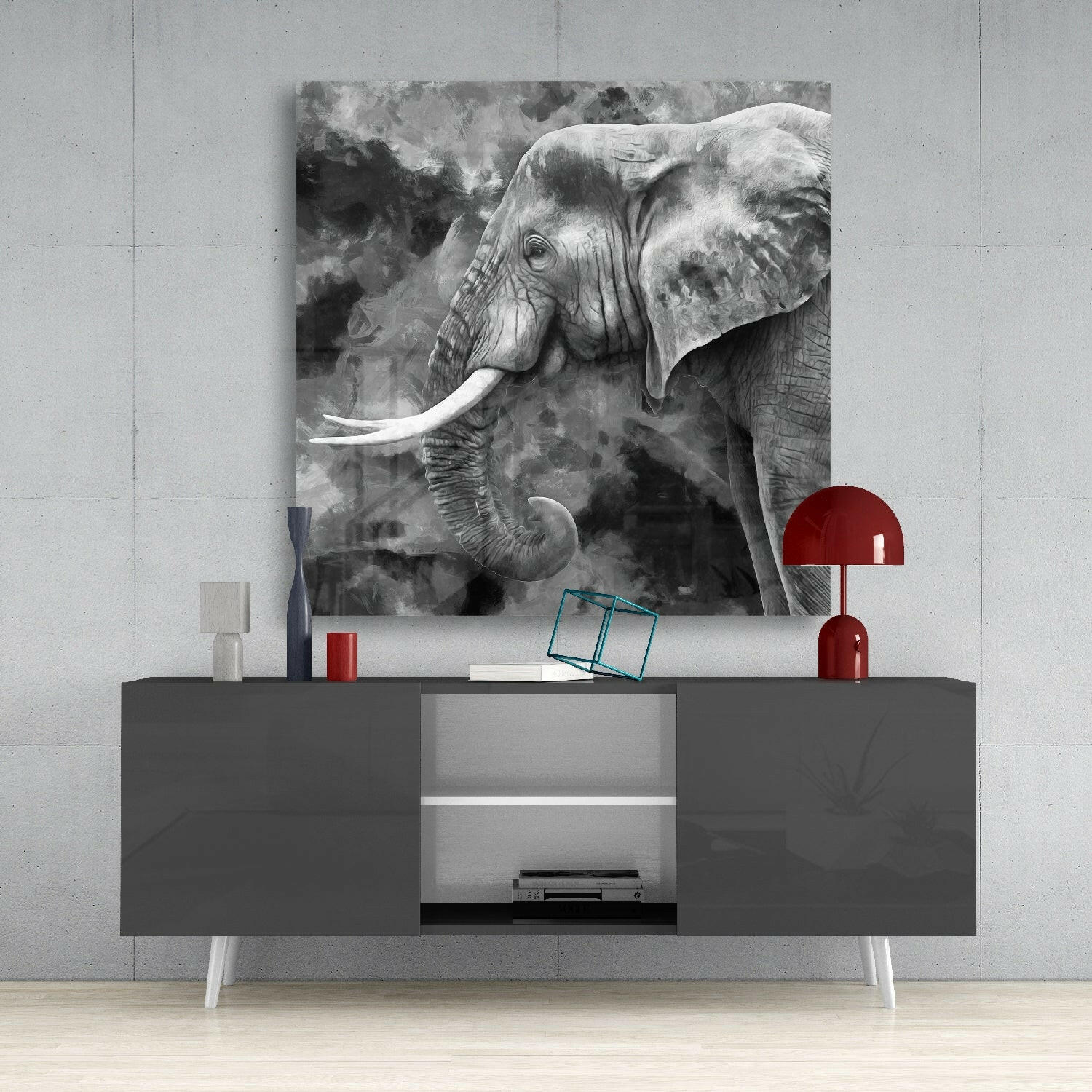 Black and White Painterly Elephant Glass Wall Art