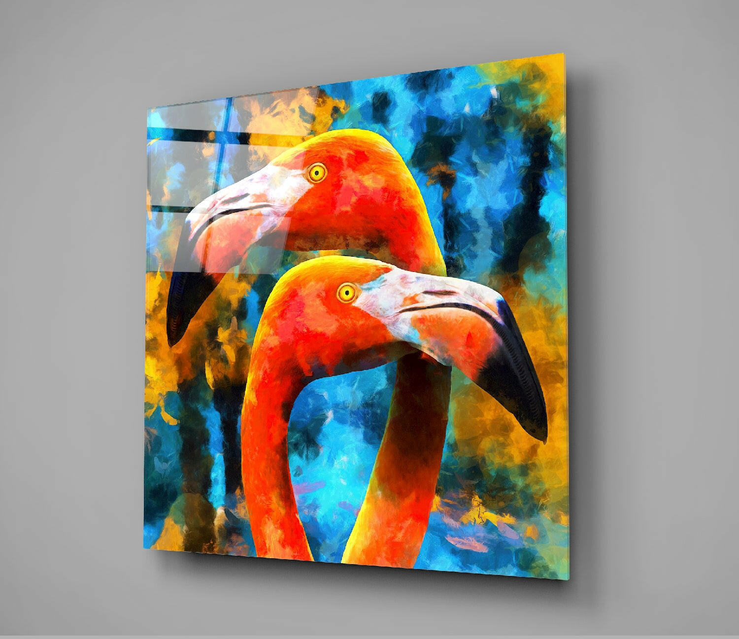 Twin Flamingo Heads On Blue Splash Glass Wall Art