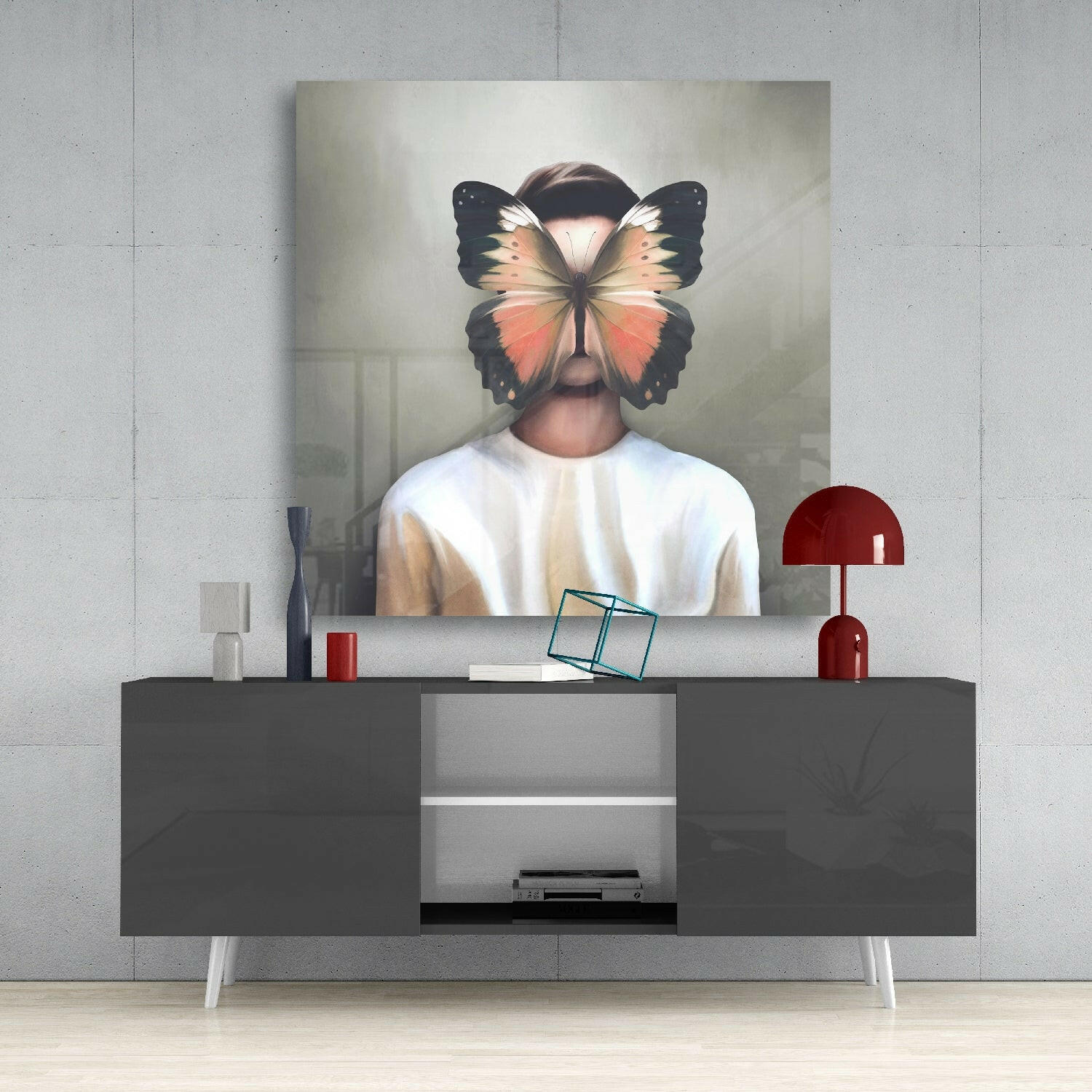 Butterfly Masked Portrait Coral Wings Glass Wall Art