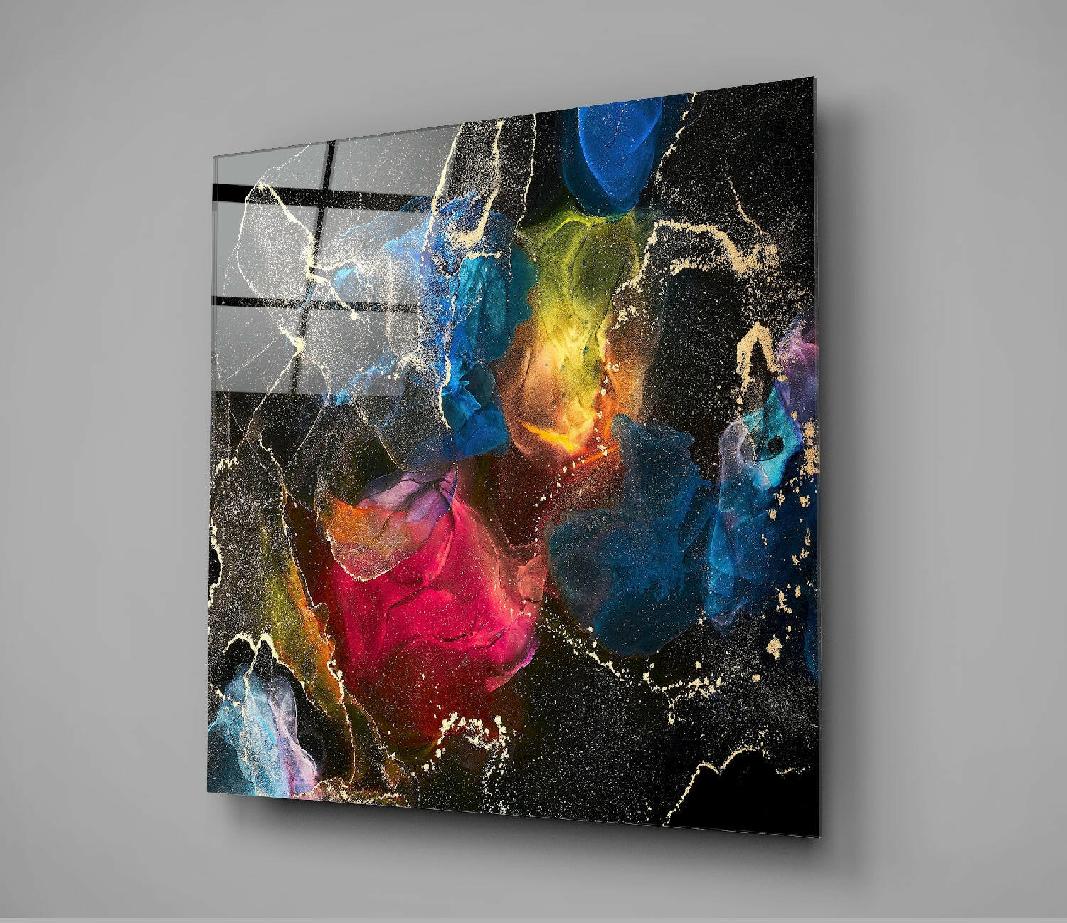 Multicolor Ink Explosion Black Glass Wall Art