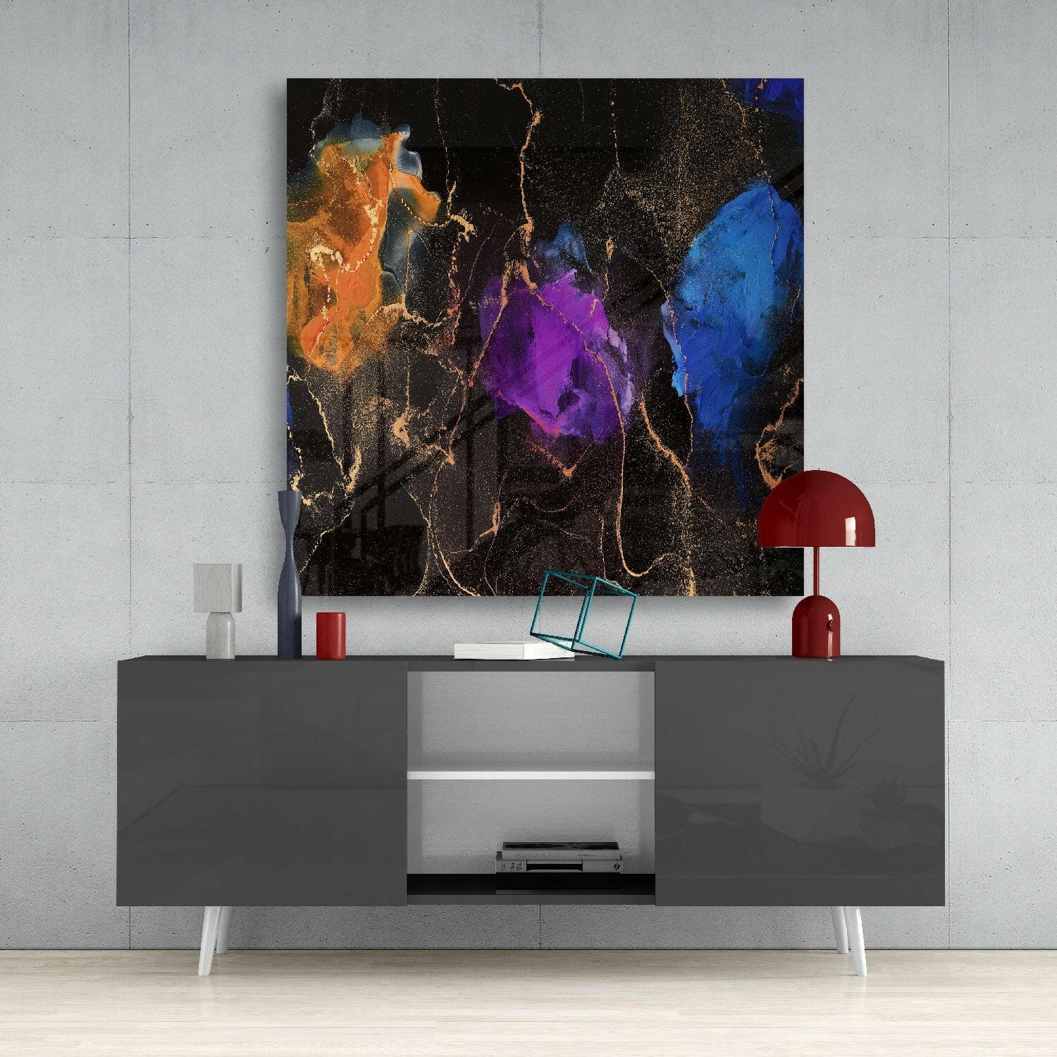 Orange Purple Ink Bloom Glass Wall Art