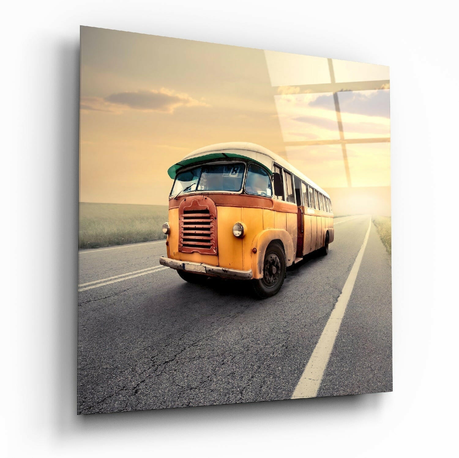 Vintage Orange Bus On Sunset Road Glass Wall Art