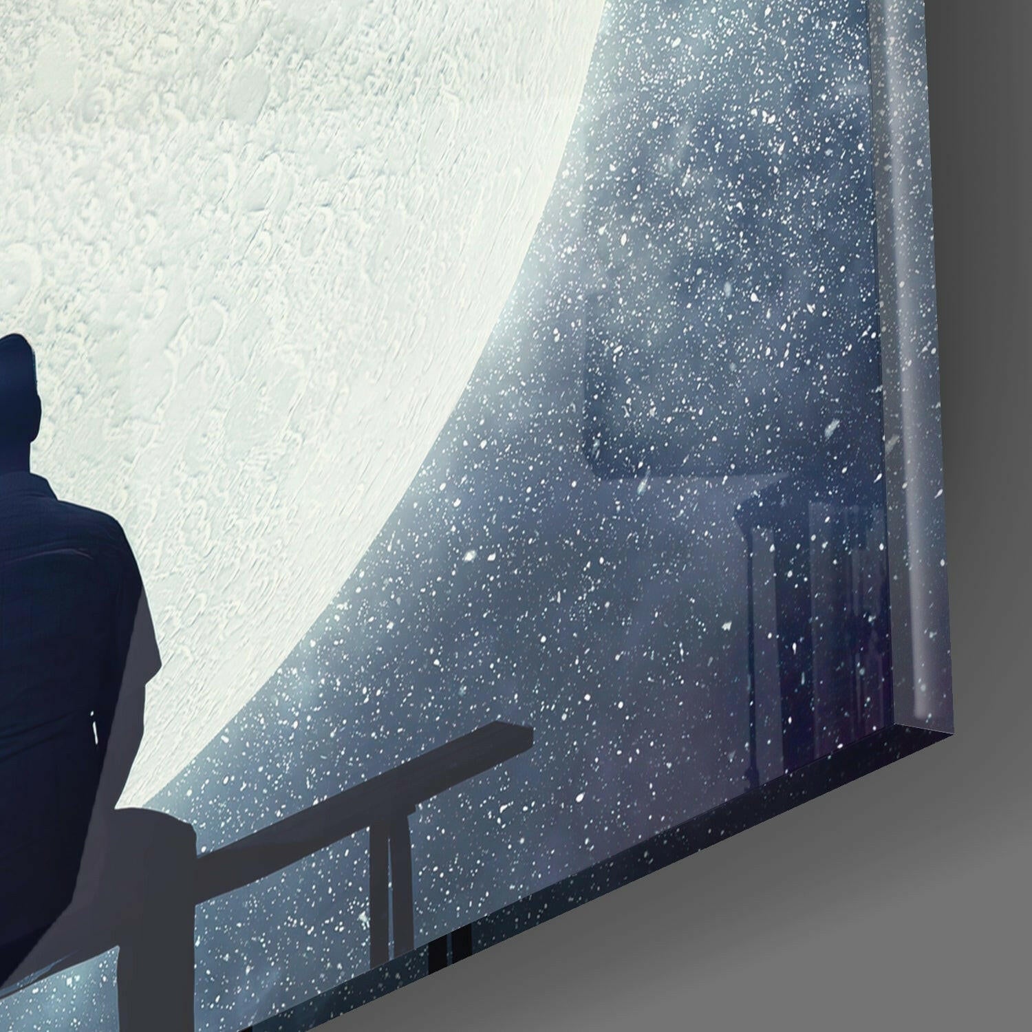Man on Bench Holding Balloon Moon Glass Wall Art