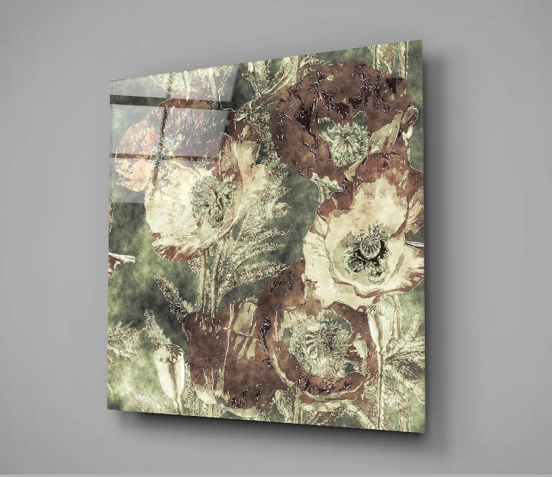 Vintage Poppy Blooms Green Glass Wall Art
