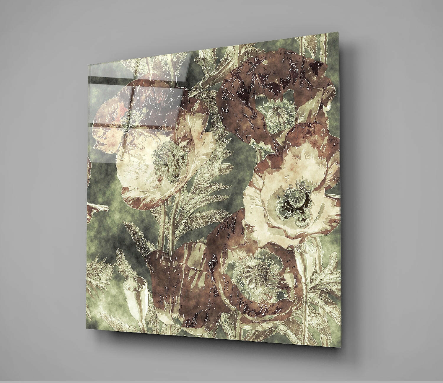 Vintage Poppy Blooms Green Glass Wall Art