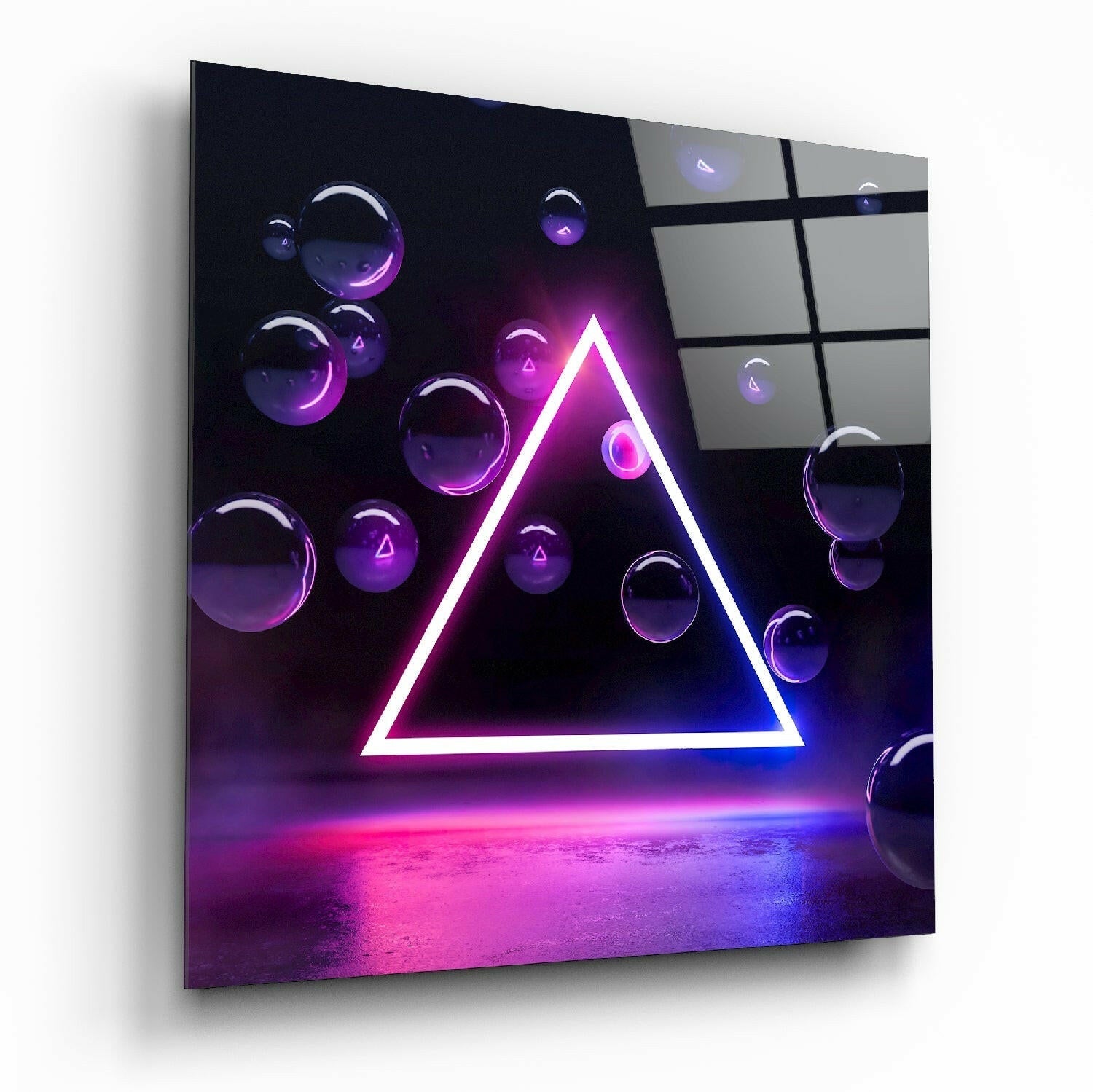 Neon Triangle Purple Spheres Glass Wall Art