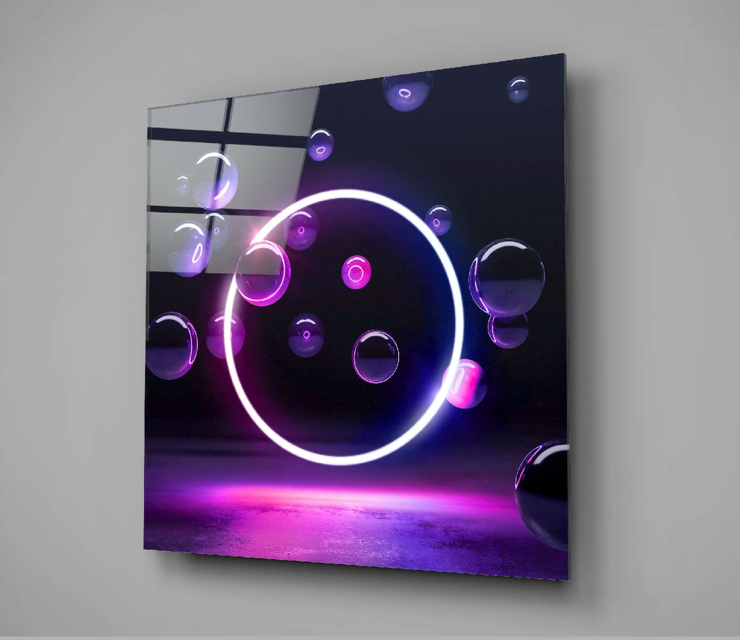 Neon White Ring And Purple Bubbles Glass Wall Art