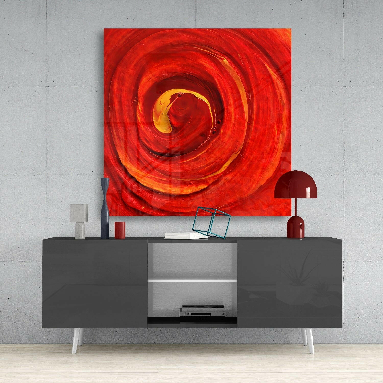 Red Spiral Swirl With Amber Core Glass Wall Art