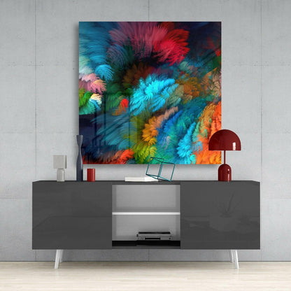 Teal Maroon Feather Burst Glass Wall Art