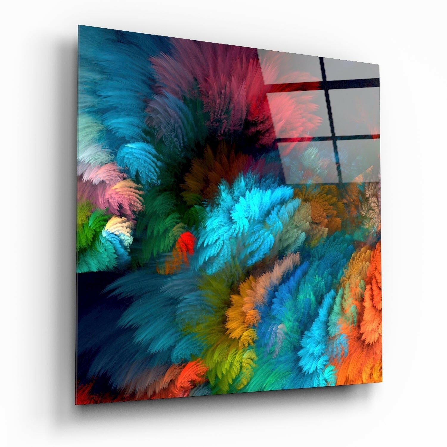 Teal Maroon Feather Burst Glass Wall Art