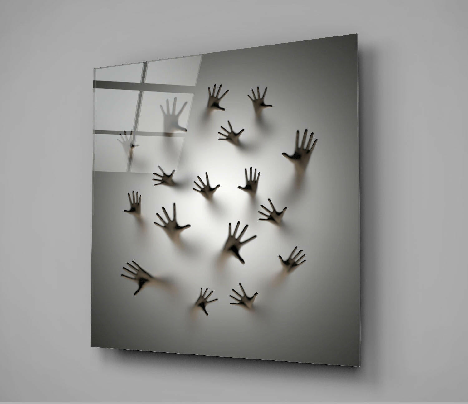 Hands Pressing Through Gray Wall Glass Wall Art
