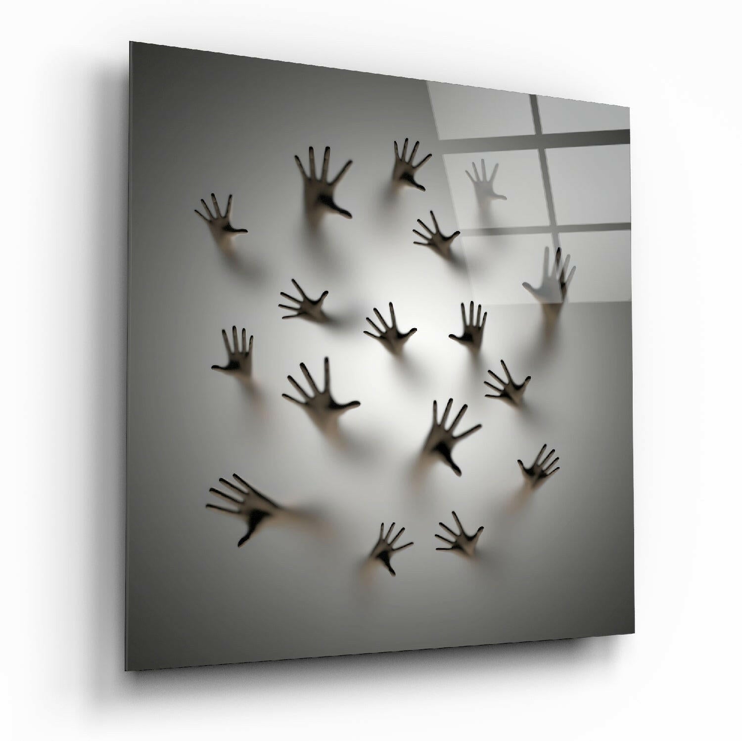 Hands Pressing Through Gray Wall Glass Wall Art